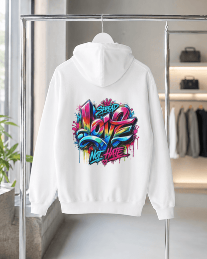White pullover hoodie, back view with colorful heart-and-slogan graphic