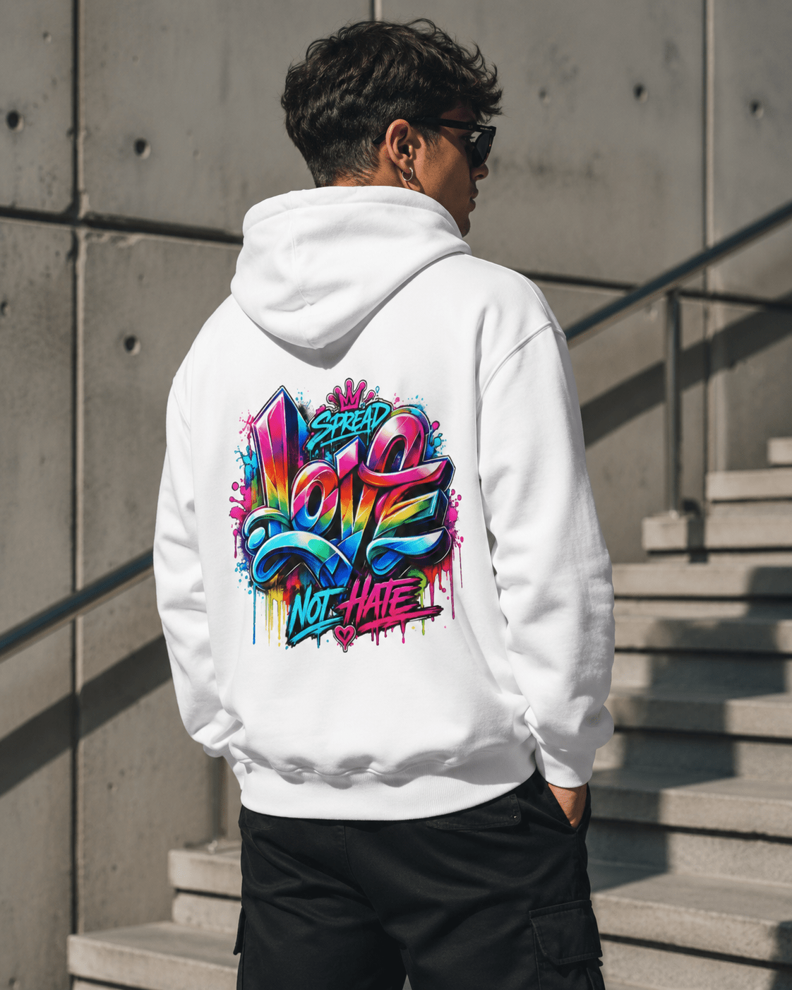 White hoodie worn from behind, colorful back slogan graphic and hood