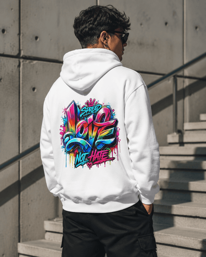 White hoodie worn from behind, colorful back slogan graphic and hood