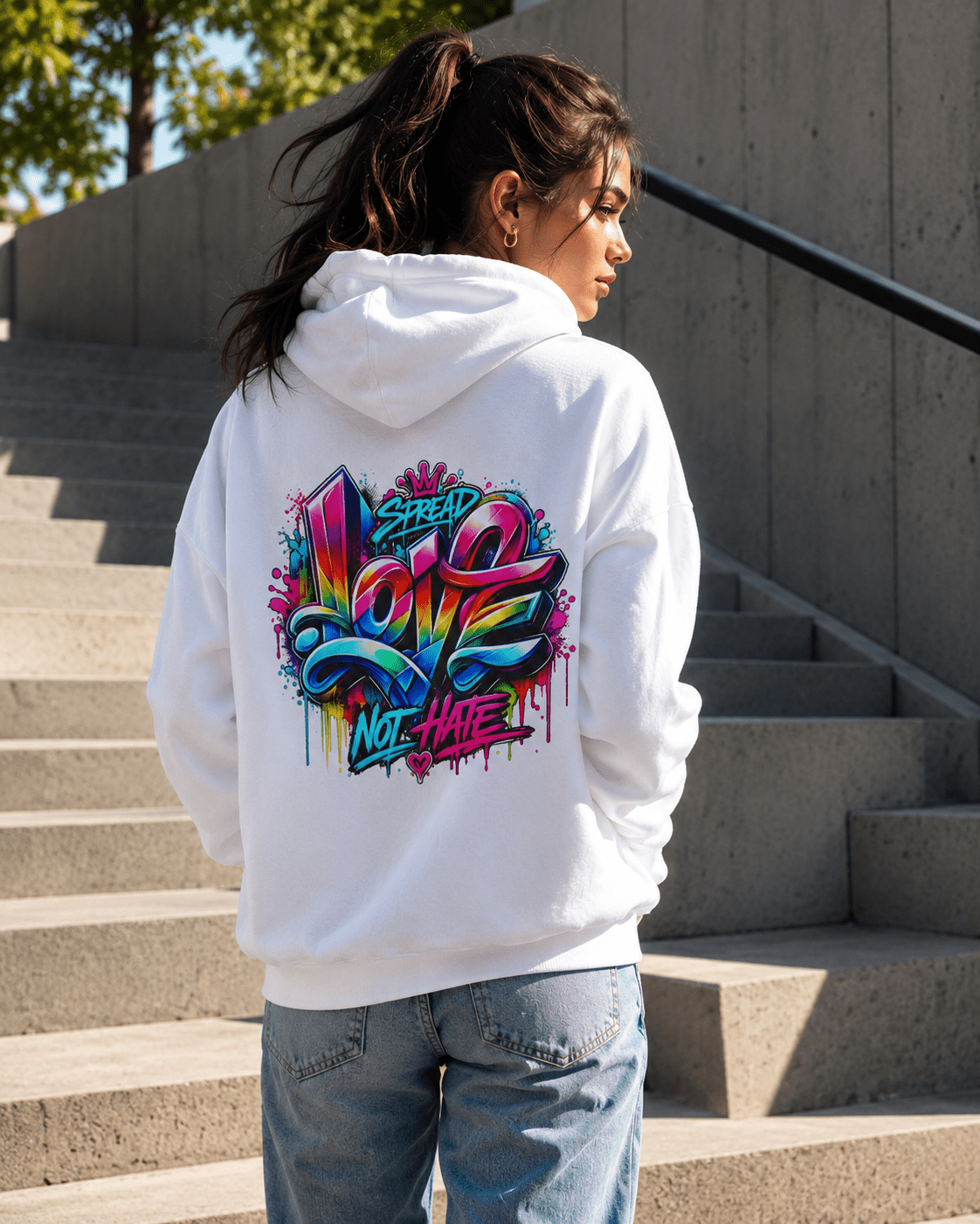 White hoodie with colorful back slogan graphic, worn on outdoor steps