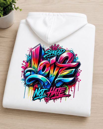 Folded white hoodie with colorful back slogan graphic
