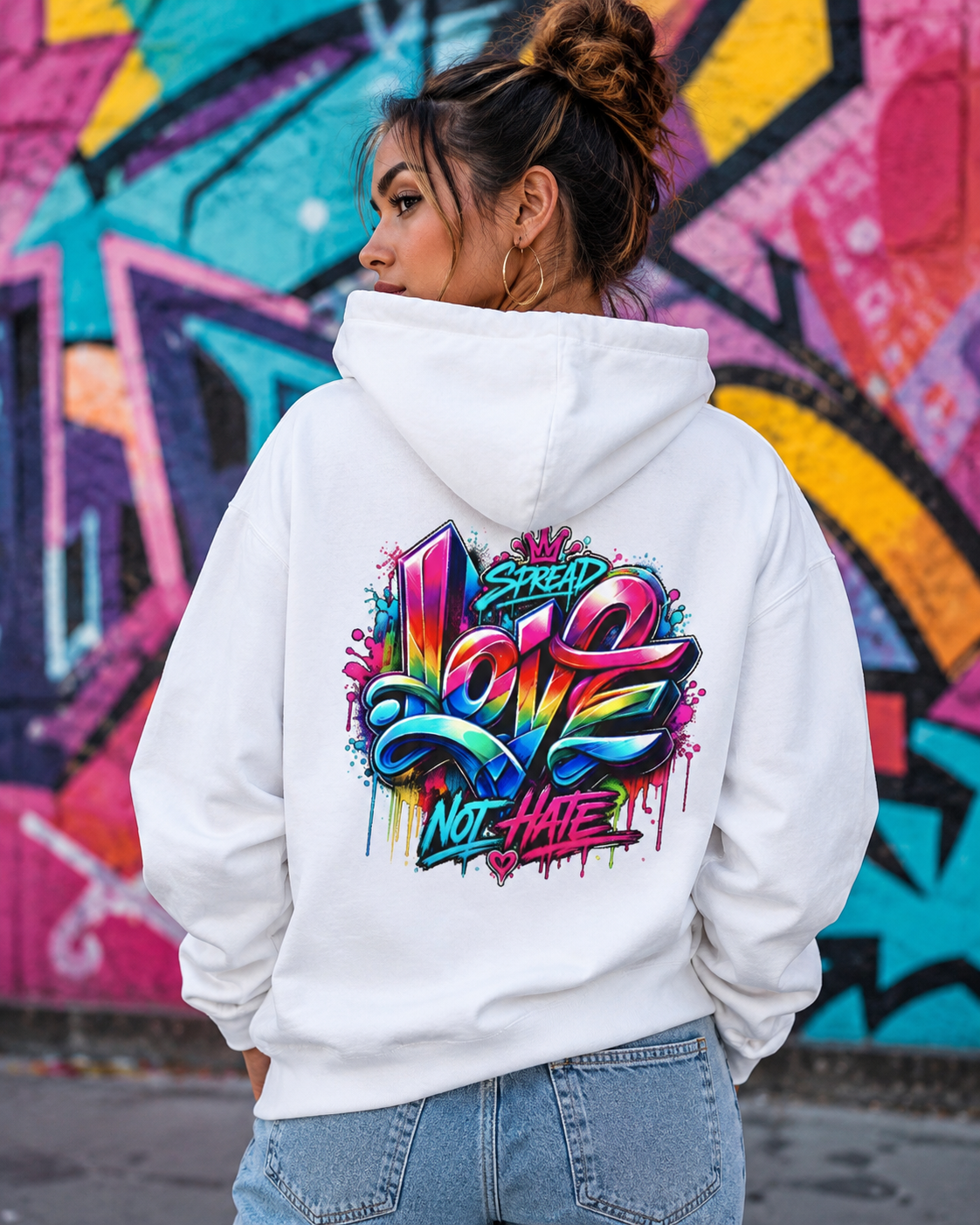 White hoodie worn from behind with colorful heart-slogan graphic