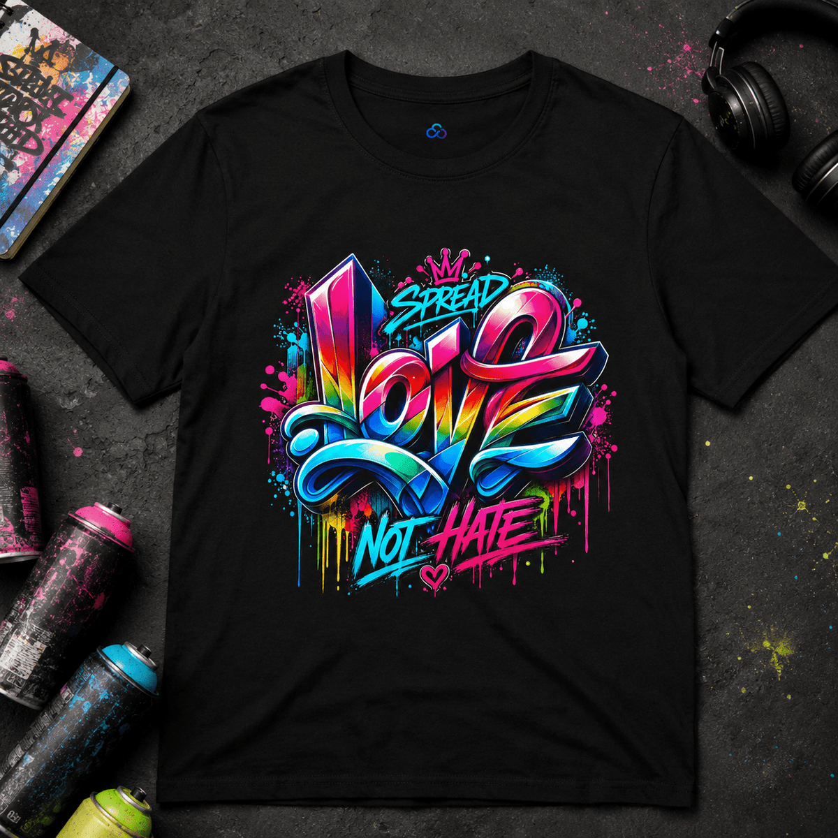 Black crew-neck T-shirt with vibrant multi-color 'Love Not Hate' graphic front