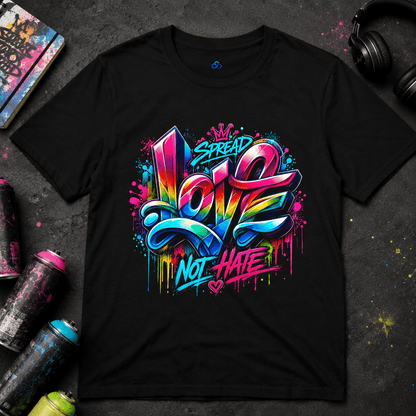 Black crew-neck T-shirt with vibrant multi-color 'Love Not Hate' graphic front