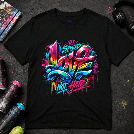 Black crew-neck T-shirt with vibrant multi-color 'Love Not Hate' graphic front