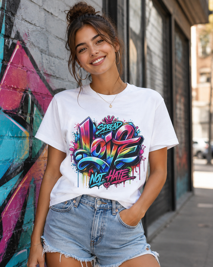 White graphic T-shirt worn by model with colorful LOVE and NOT HATE street-style print