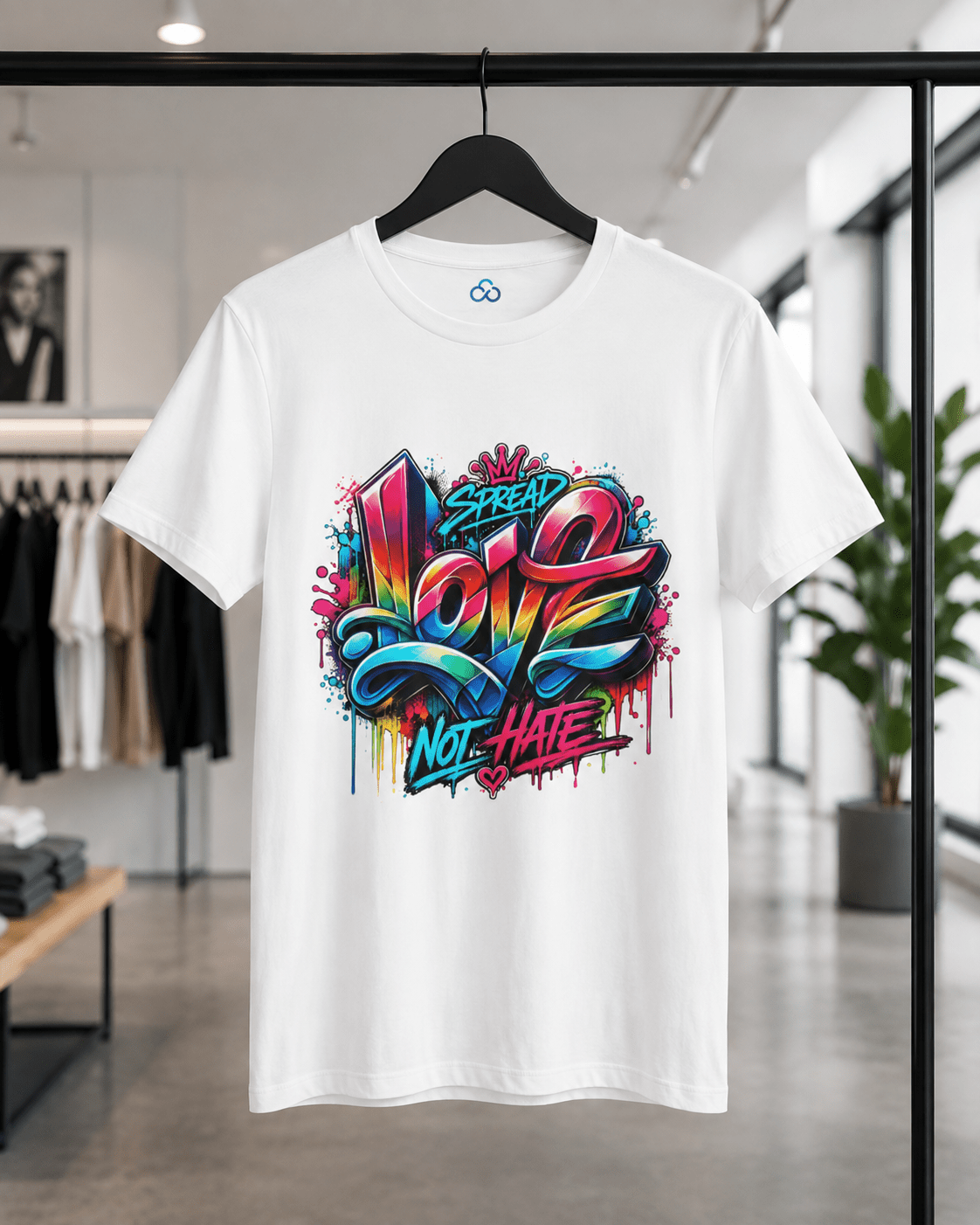 White graphic T-shirt on hanger with colorful LOVE and NOT HATE street-style print