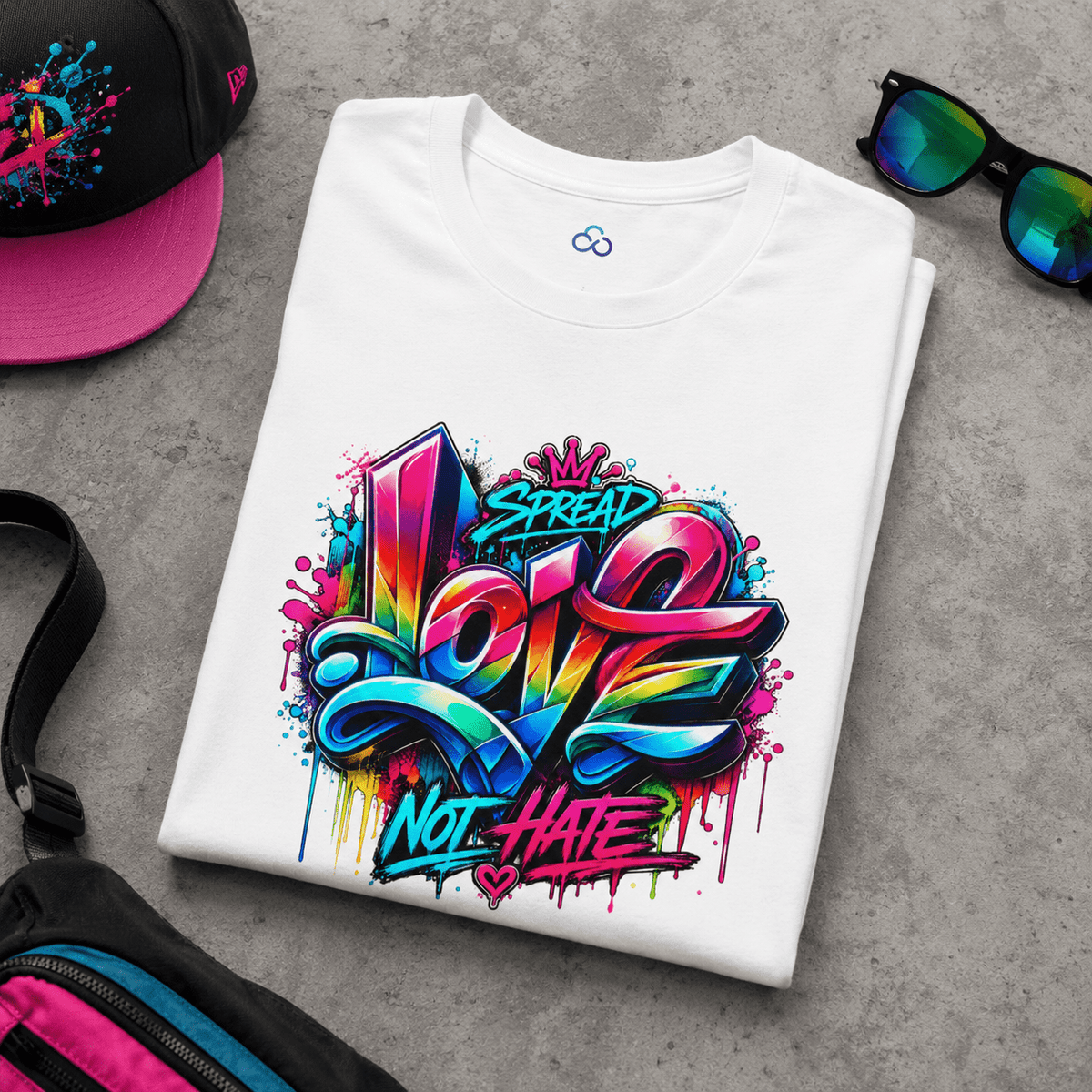 Folded white graphic T-shirt with colorful LOVE and NOT HATE street-style print