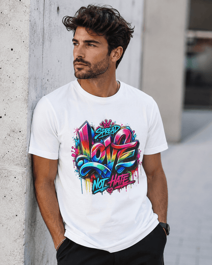 White graphic T-shirt worn by model with colorful LOVE and NOT HATE street-style print