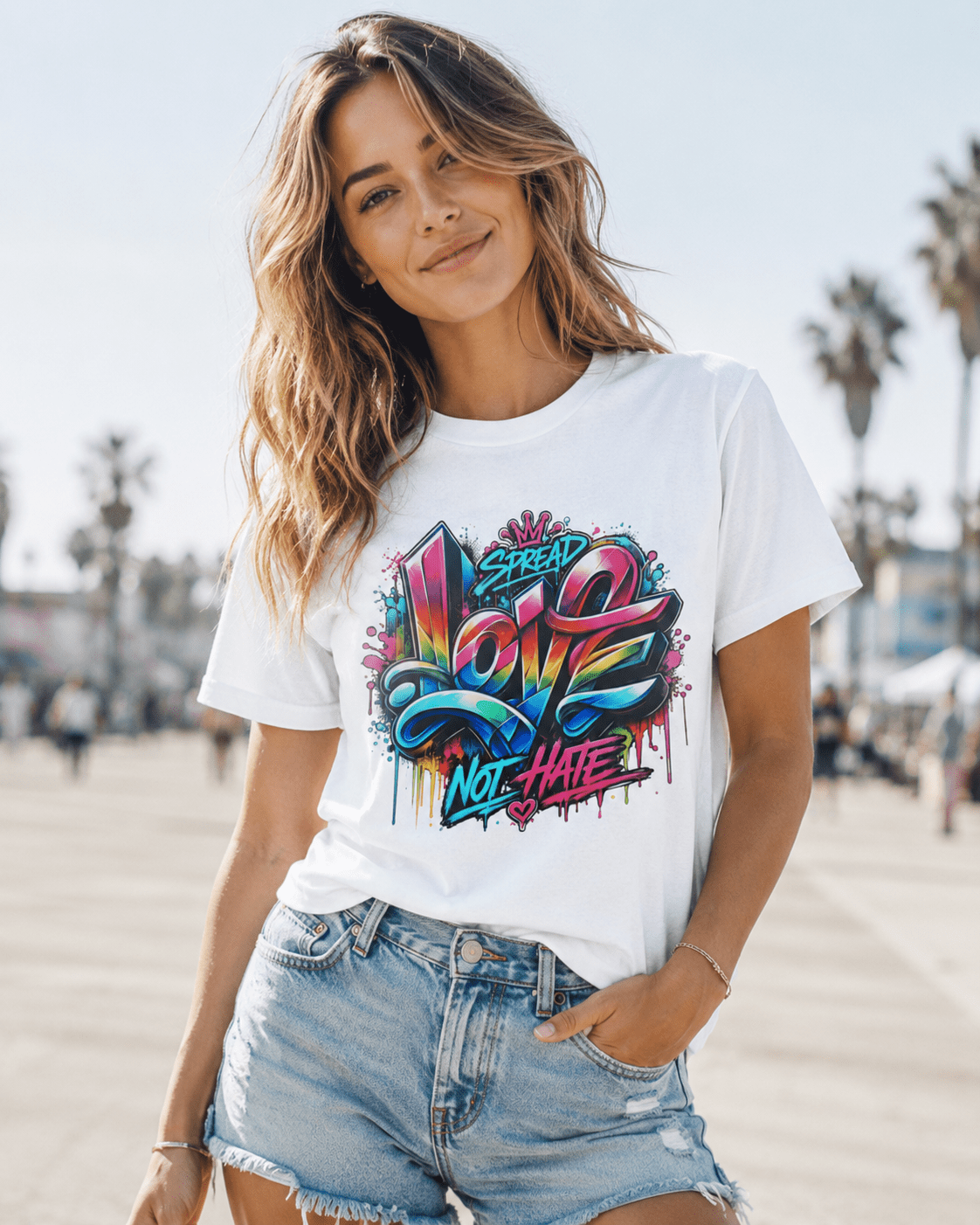 White graphic T-shirt worn by model with colorful LOVE and NOT HATE street-style print