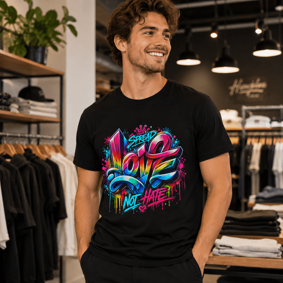Black graphic T-shirt worn by model with colorful LOVE and NOT HATE street-style print