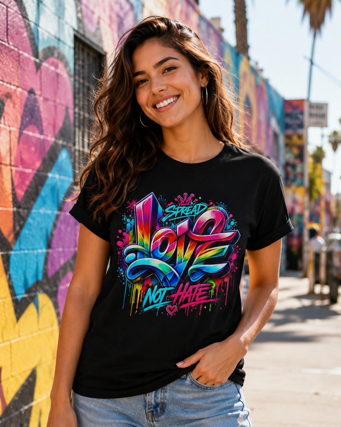 Black crew-neck T-shirt worn by model; vibrant 'Love Not Hate' graffiti-style front print
