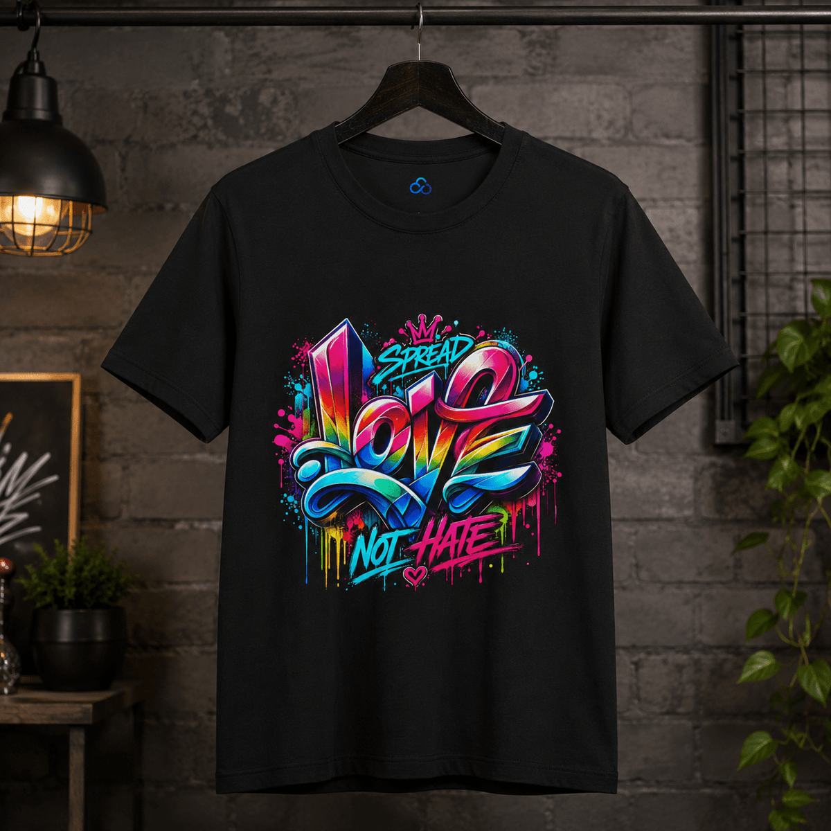 Black graphic T-shirt with colorful LOVE and NOT HATE street-style print