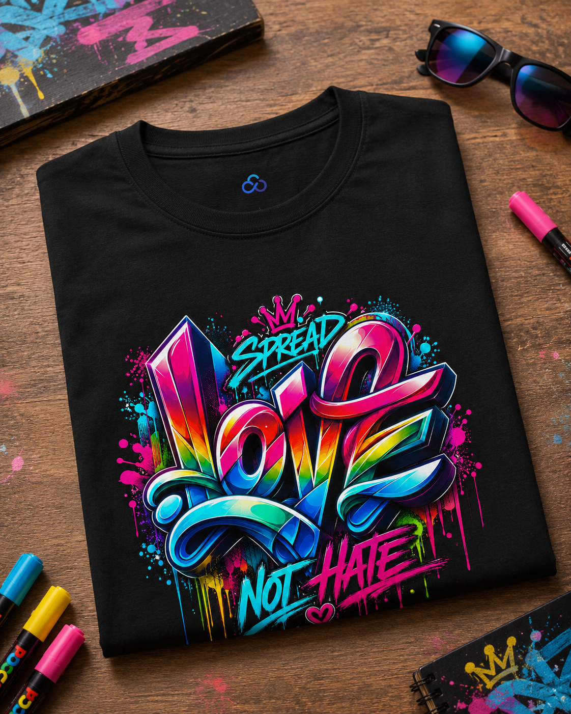 Black crew-neck T-shirt with large colorful 'Love Not Hate' graffiti-style front print