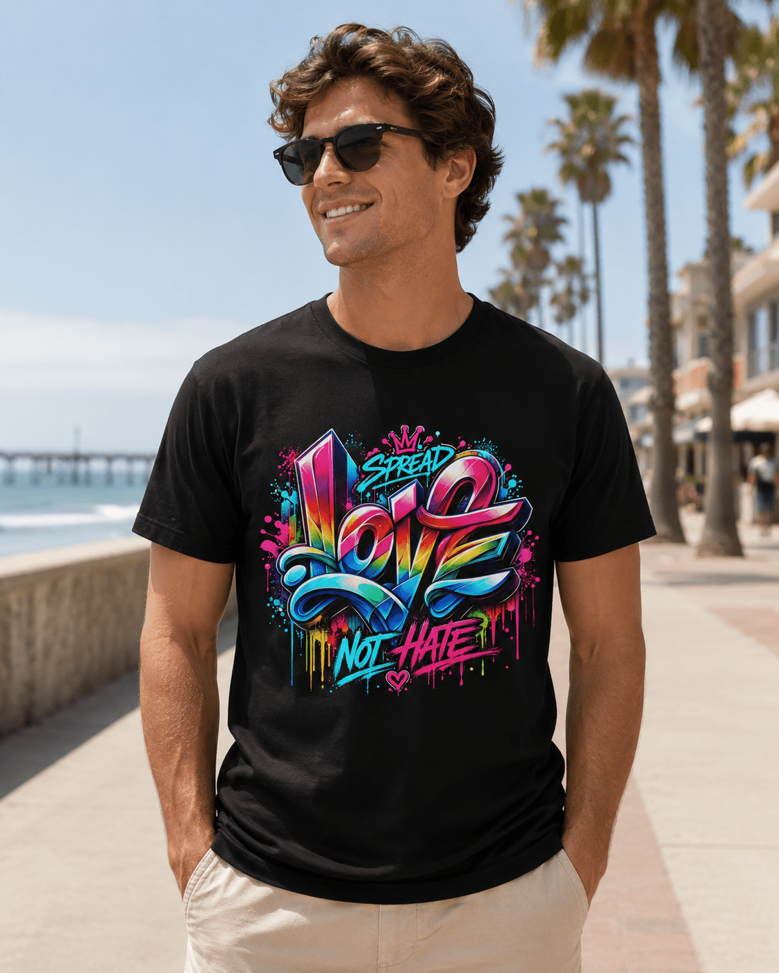 Black crew-neck T-shirt with vibrant 'Love Not Hate' graffiti-style front print