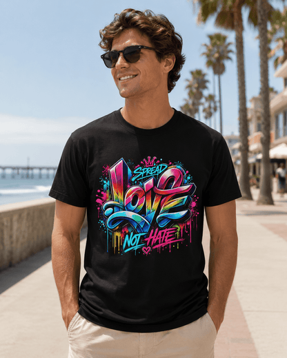 Black crew-neck T-shirt with vibrant 'Love Not Hate' graffiti-style front print