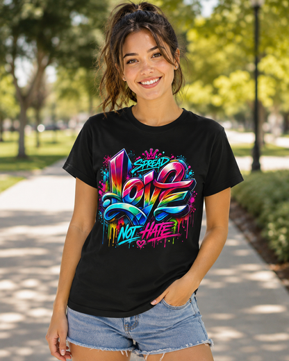 Black graphic T-shirt worn by model with colorful LOVE and NOT HATE street-style print