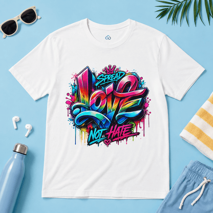 White graphic T-shirt with colorful LOVE and NOT HATE street-style print