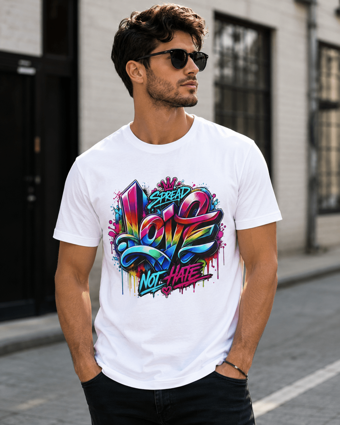 White graphic T-shirt worn by model with colorful LOVE and NOT HATE street-style print