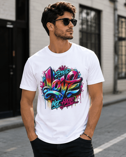 White graphic T-shirt worn by model with colorful LOVE and NOT HATE street-style print