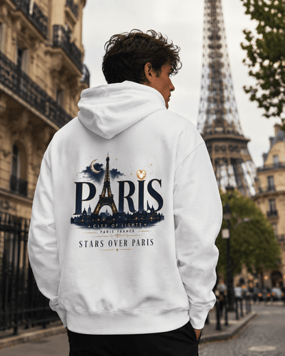 White hoodie back view with Paris graphic and Eiffel Tower star design