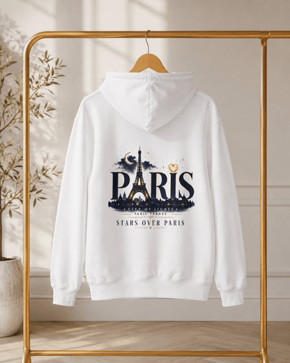 White Paris hoodie on hanger with back graphic featuring Eiffel Tower and stars