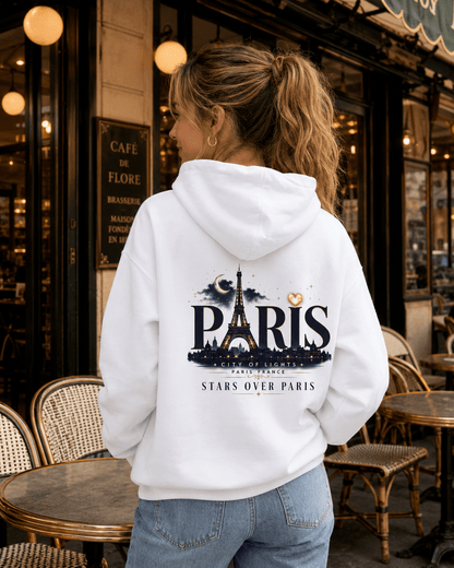 White hoodie back view with Paris graphic, Eiffel Tower, and star design