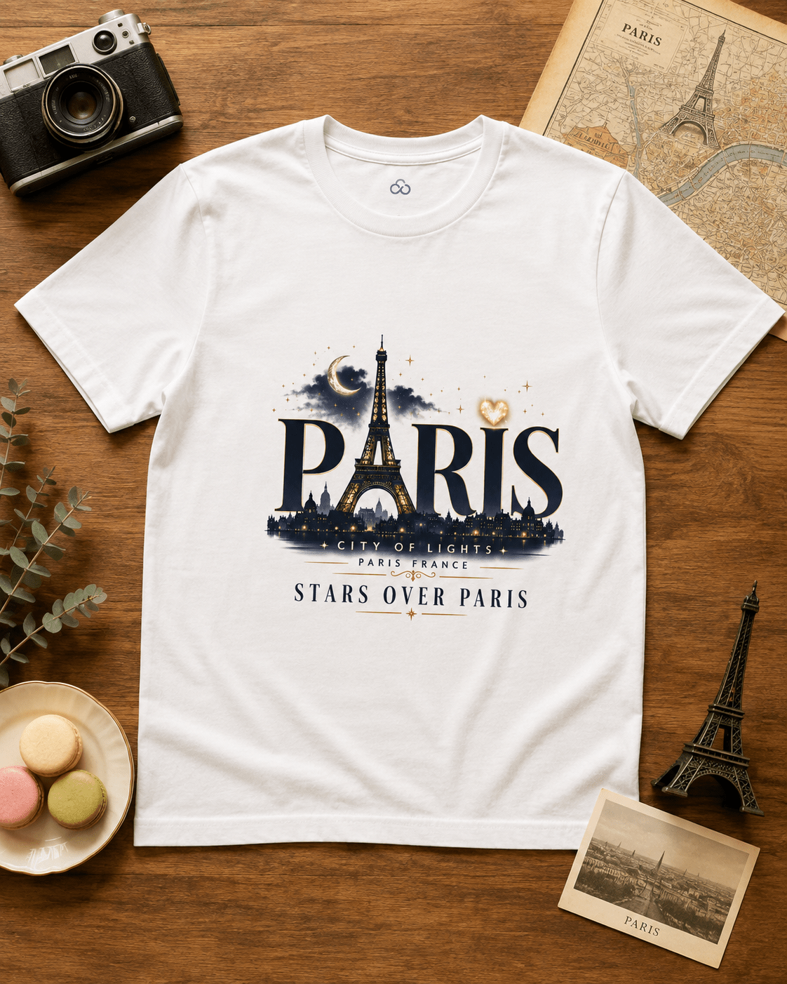 White T-shirt with Paris Eiffel Tower graphic and stars over Paris print