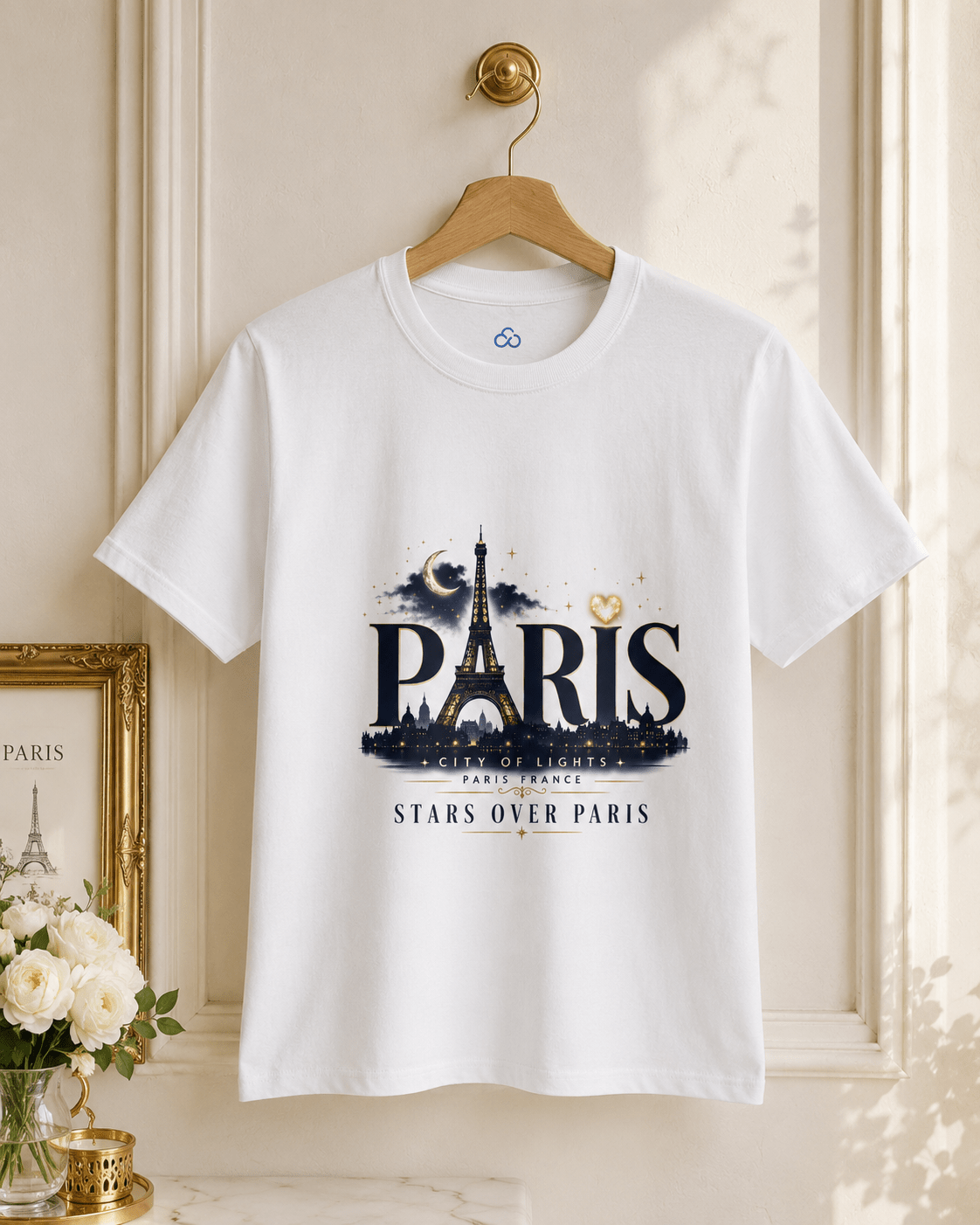 White crewneck T-shirt with Paris Eiffel Tower graphic and stars over Paris text