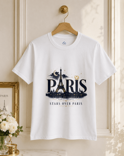 White crewneck T-shirt with Paris Eiffel Tower graphic and stars over Paris text