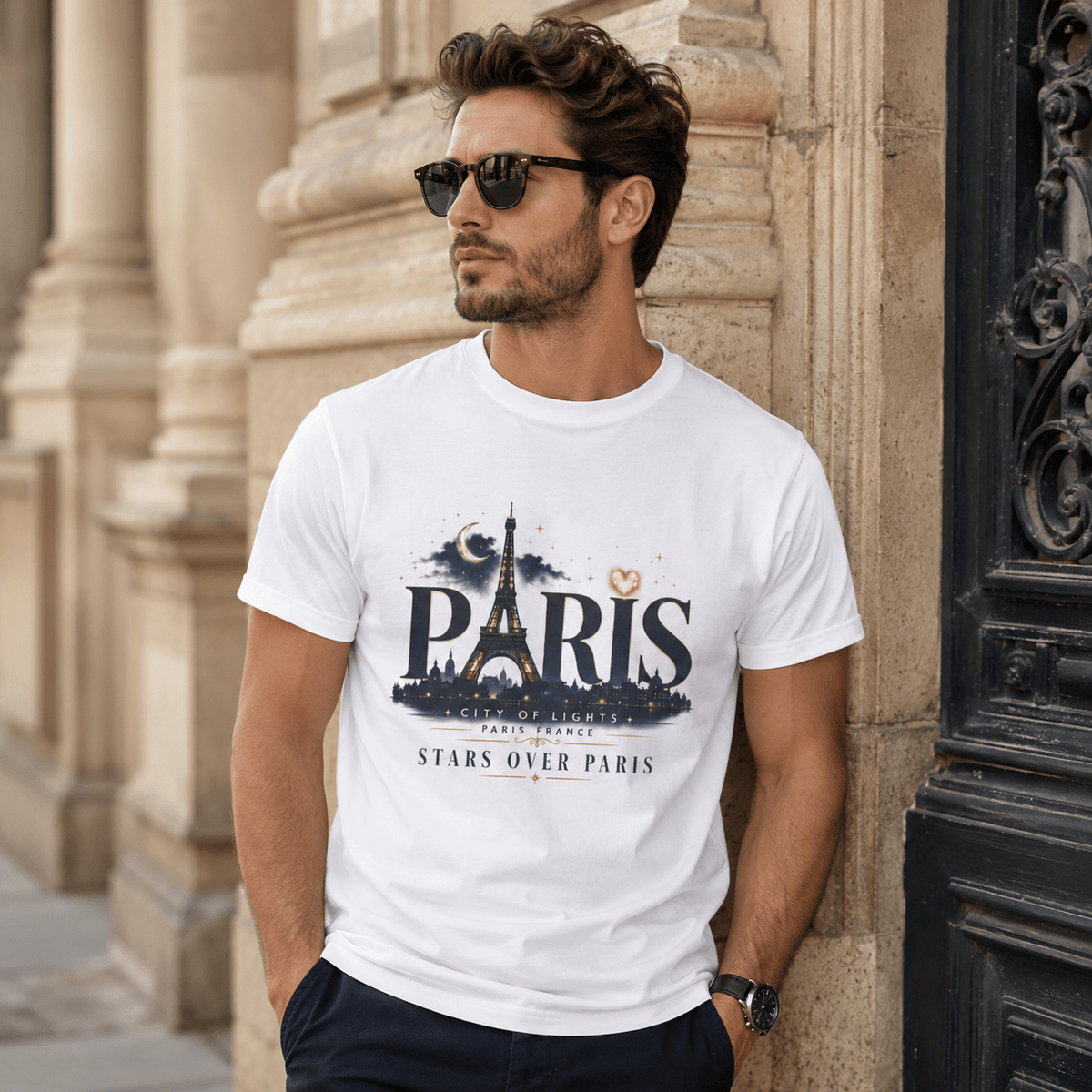 White crewneck T-shirt with Paris Eiffel Tower graphic and stars over Paris print
