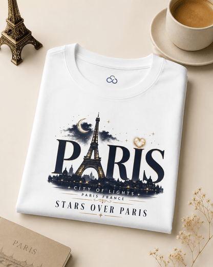 Folded white T-shirt with large Paris Eiffel Tower graphic and stars over Paris print