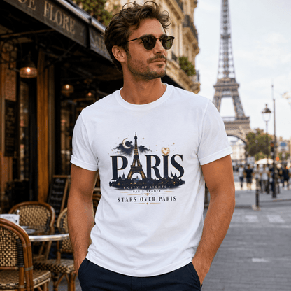 White crewneck T-shirt on model in profile with Paris Eiffel Tower graphic and stars text