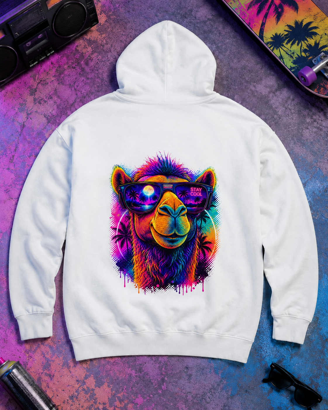 White hoodie with large back camel graphic wearing colorful sunglasses, hood up