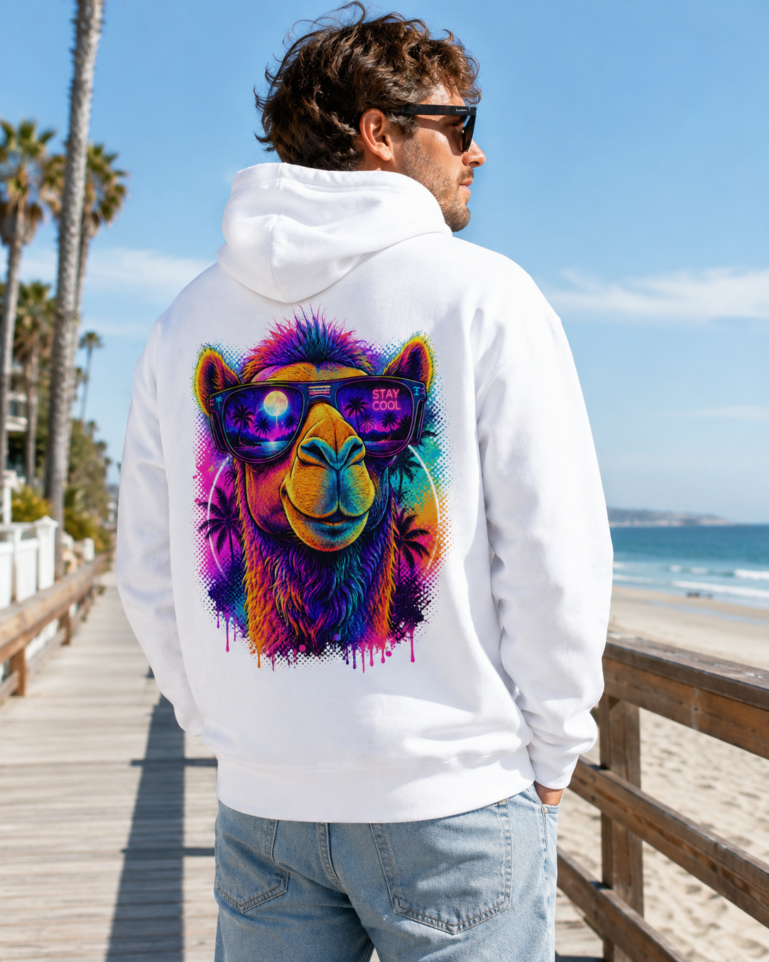 White hoodie with back camel face graphic and sunglasses, worn from behind