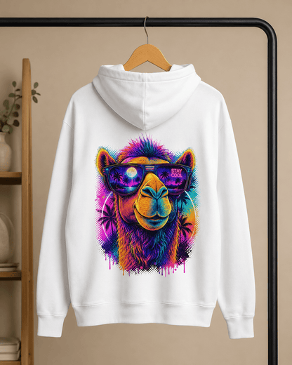 White hoodie with back camel face graphic, colorful sunglasses and 'STAY COOL' text