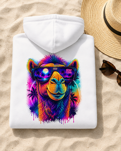 Folded white hoodie with camel face graphic wearing colorful sunglasses and 'STAY COOL' text