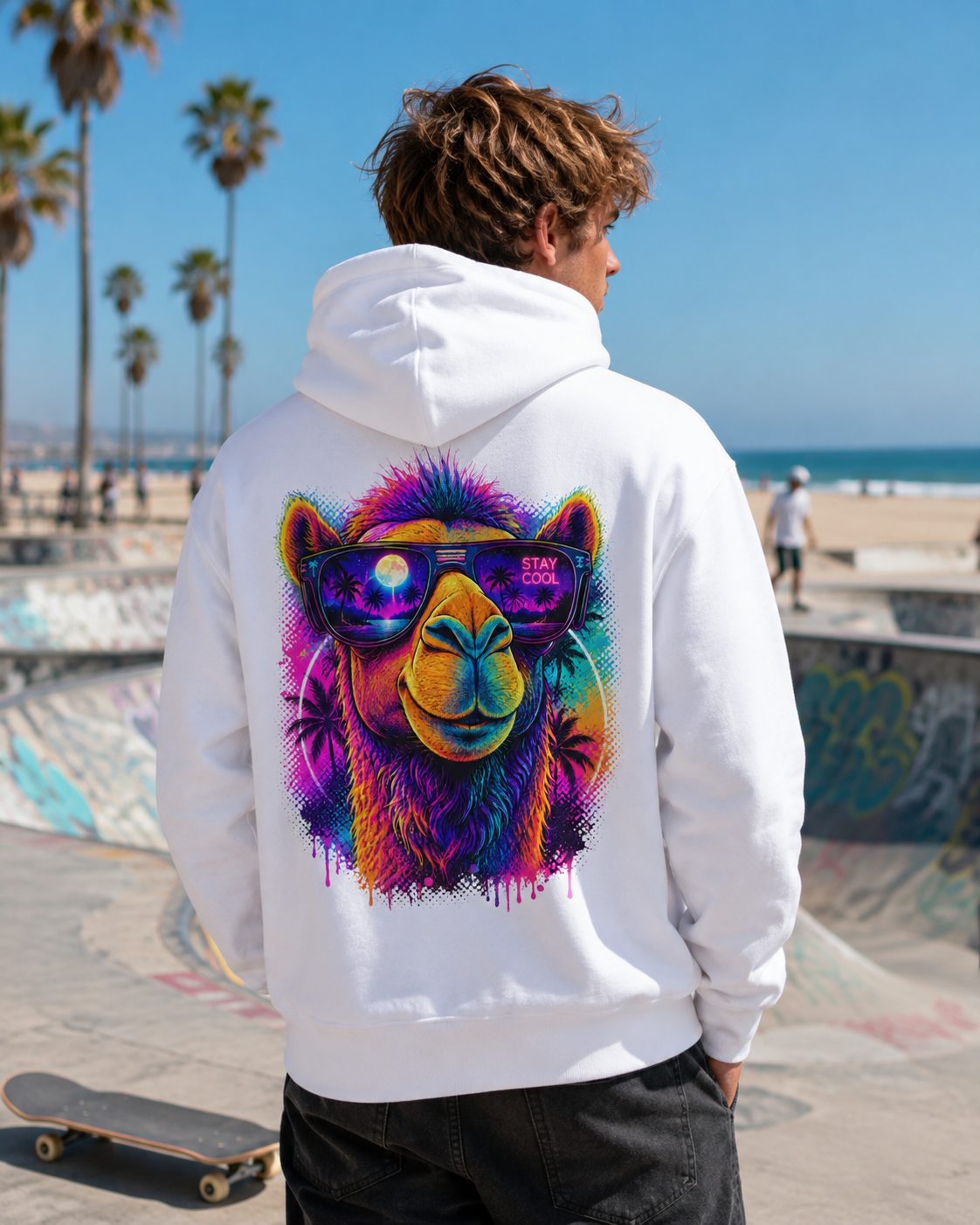 White hoodie with back camel face graphic and sunglasses, worn from behind