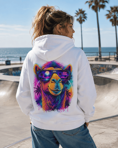 White hoodie with back camel face graphic and sunglasses, worn from the side