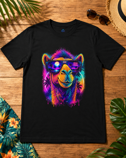 Black crewneck t-shirt with colorful camel sunglasses graphic and small blue collar logo