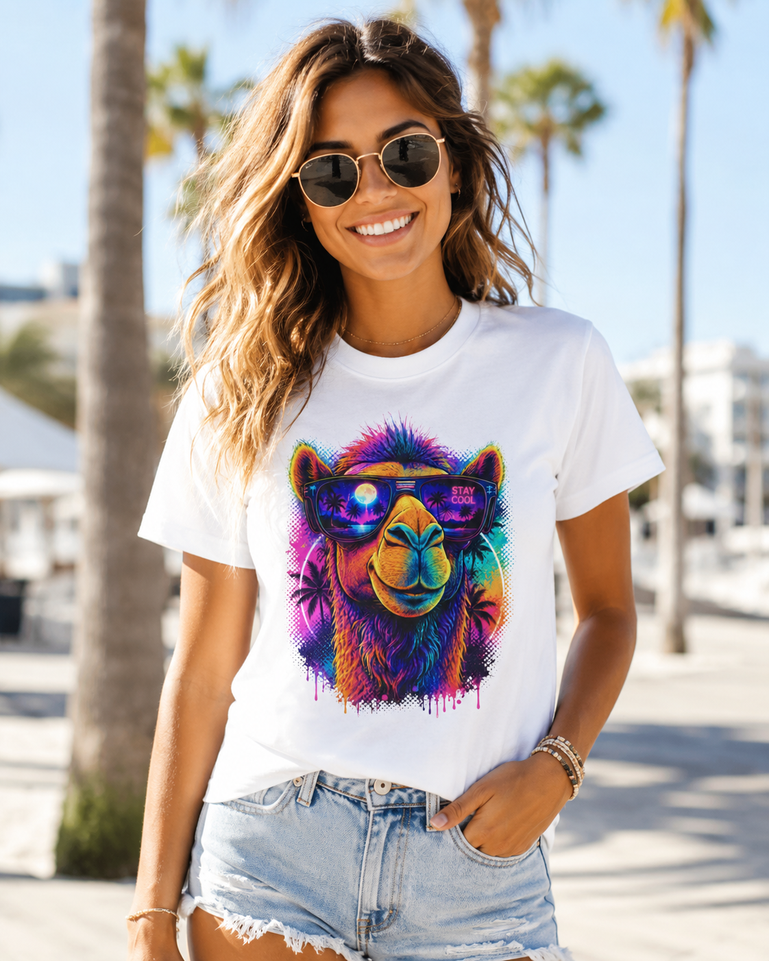 White crew-neck T-shirt on woman with colorful alpaca sunglasses graphic