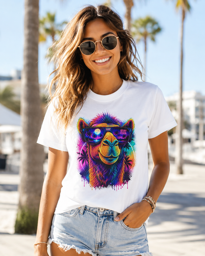White crew-neck T-shirt on woman with colorful alpaca sunglasses graphic