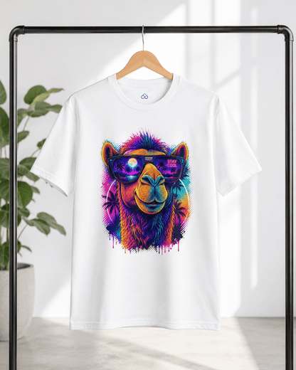 White crew-neck T-shirt on hanger with colorful alpaca sunglasses print