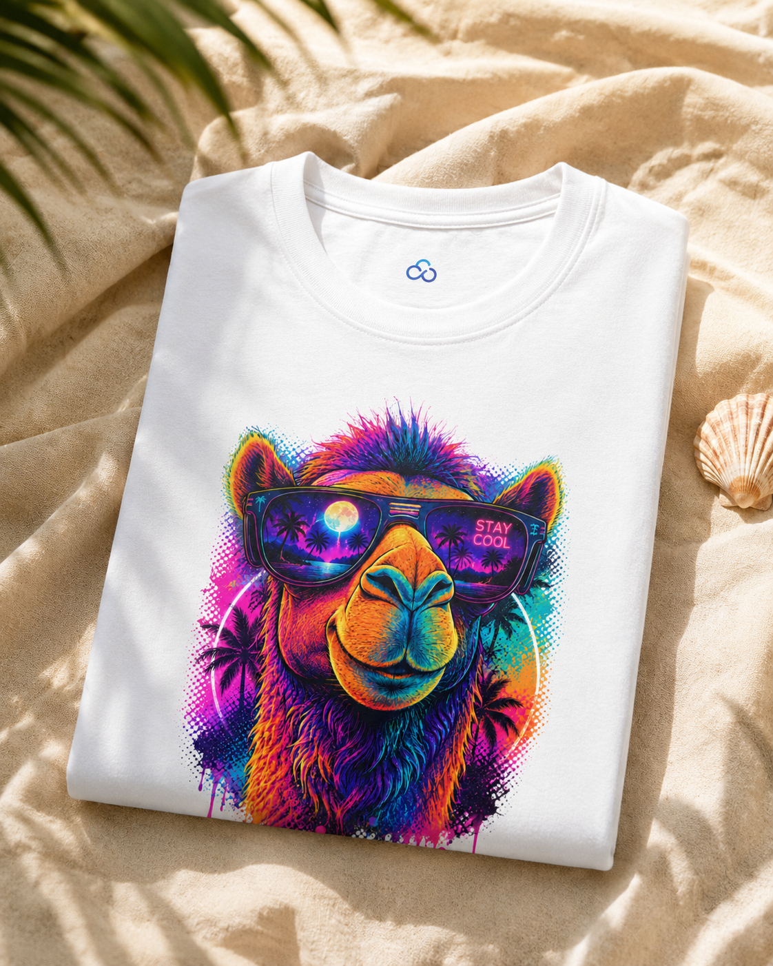 White crew-neck T-shirt folded with colorful alpaca sunglasses print