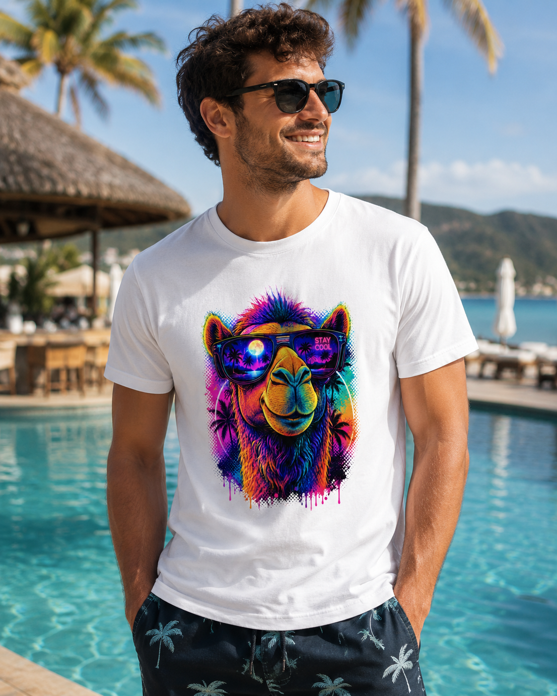 White crew-neck T-shirt worn outdoors with colorful alpaca sunglasses design