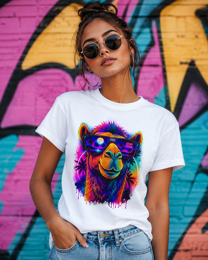 White crew-neck T-shirt with colorful alpaca sunglasses graphic