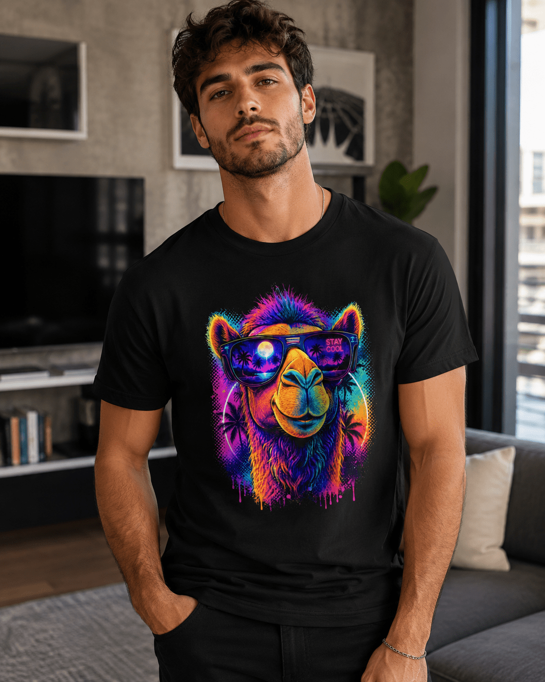 Black crew-neck T-shirt with colorful alpaca sunglasses face graphic