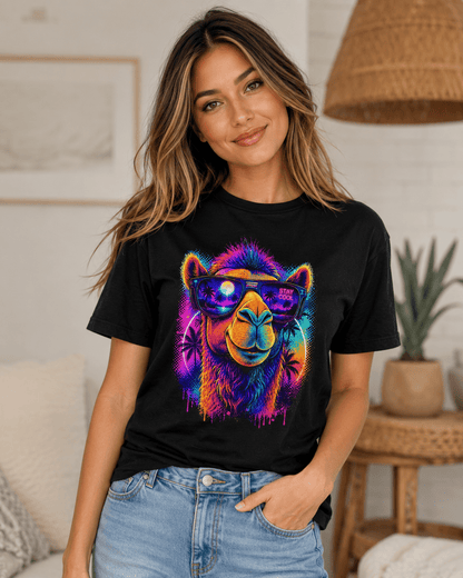 Black crewneck t-shirt with colorful camel graphic wearing sunglasses