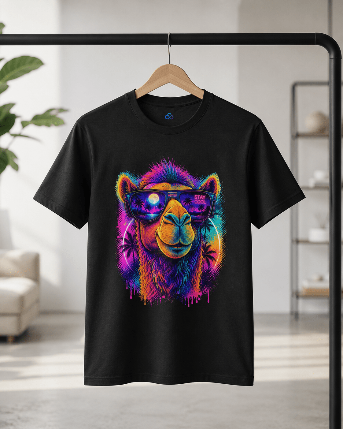 Black crew-neck T-shirt on hanger with colorful alpaca sunglasses graphic