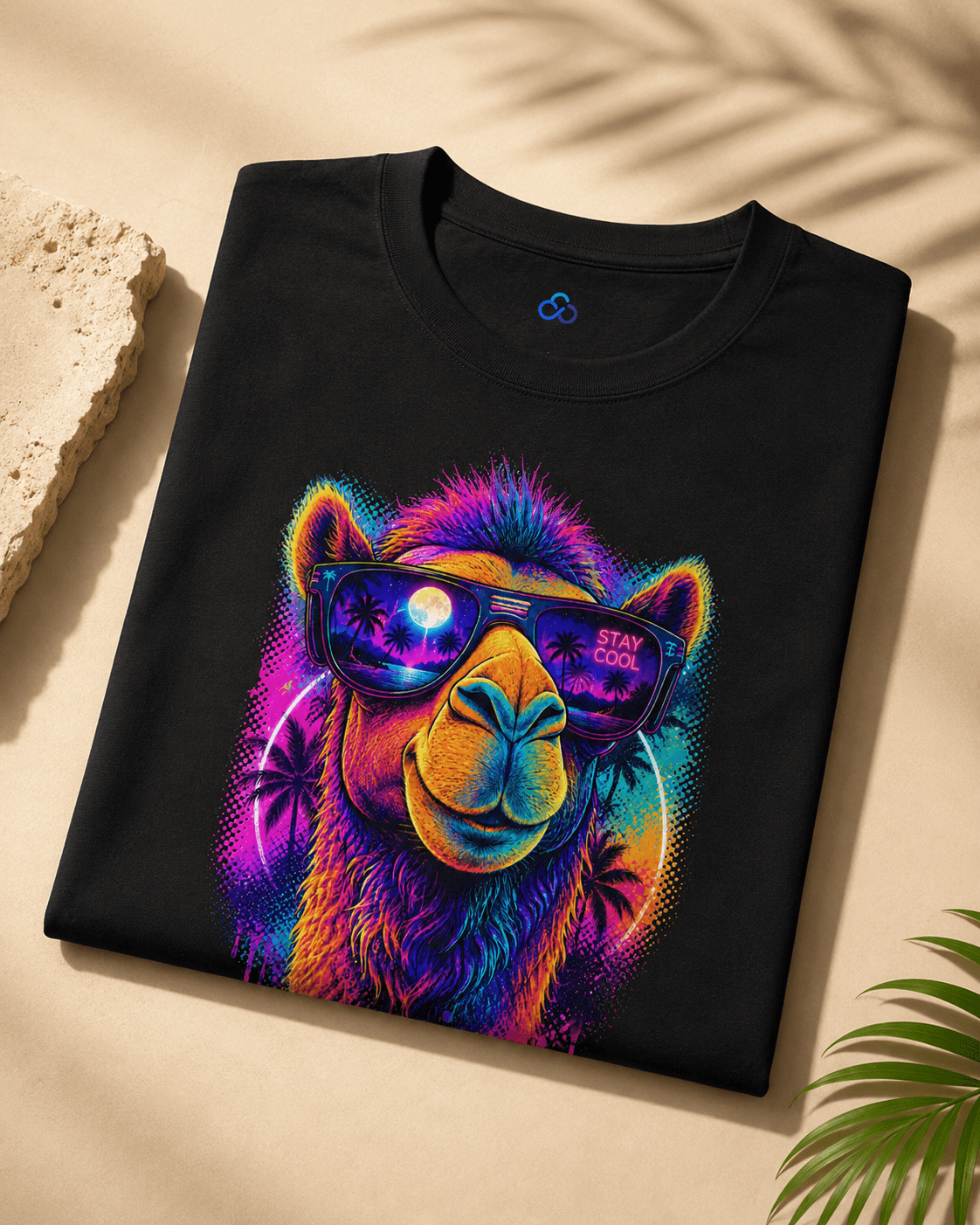 Black crew-neck T-shirt folded with colorful alpaca sunglasses graphic